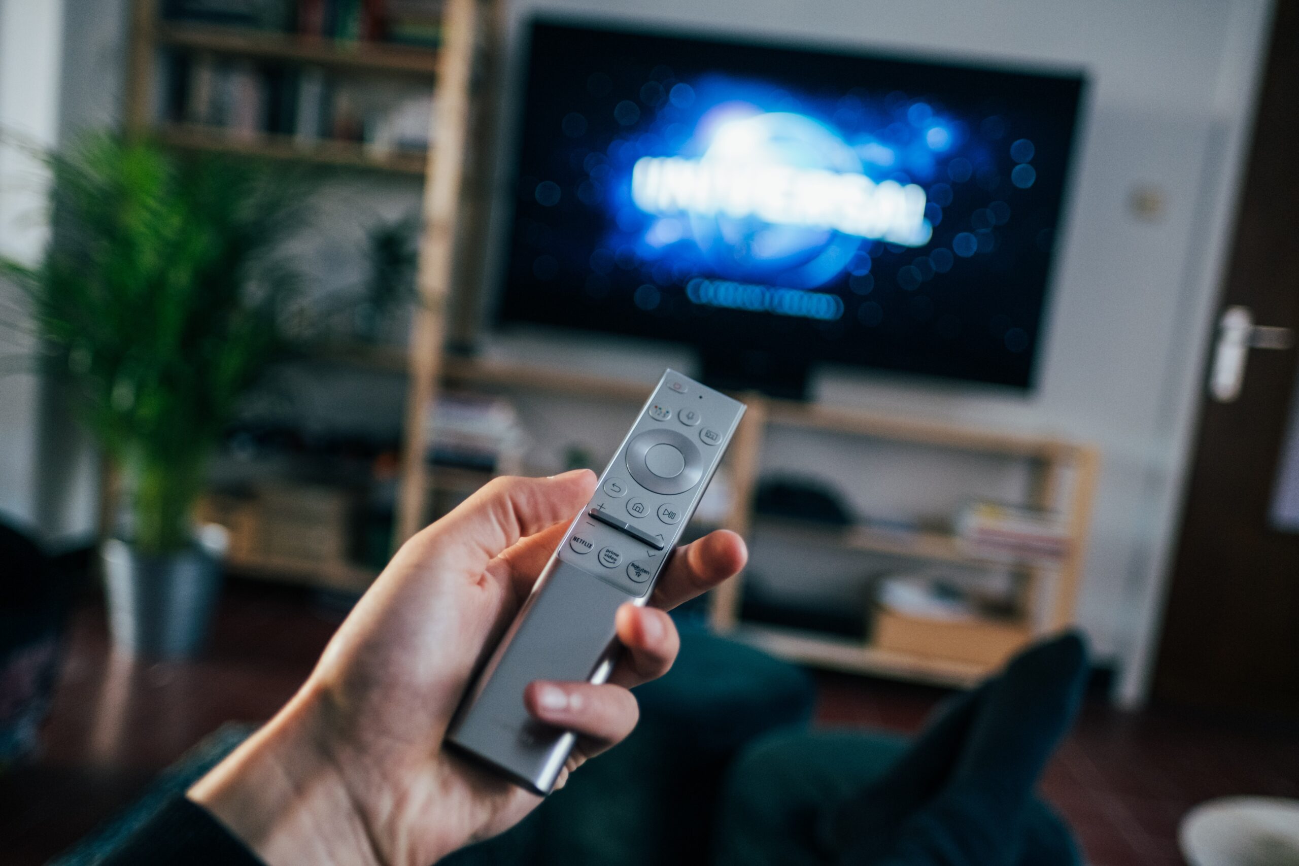 Person holding grey remote controle photo. Television on book shelf in living room. Picture taken by Jonas Leupe